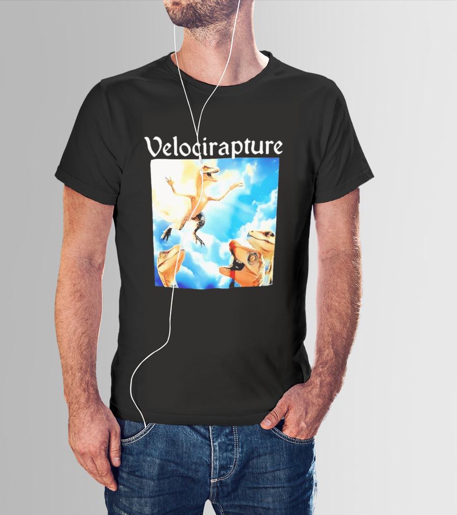 Velocirapture Dinosaur Raptor With Clouds And Blue Sky T-Shirt