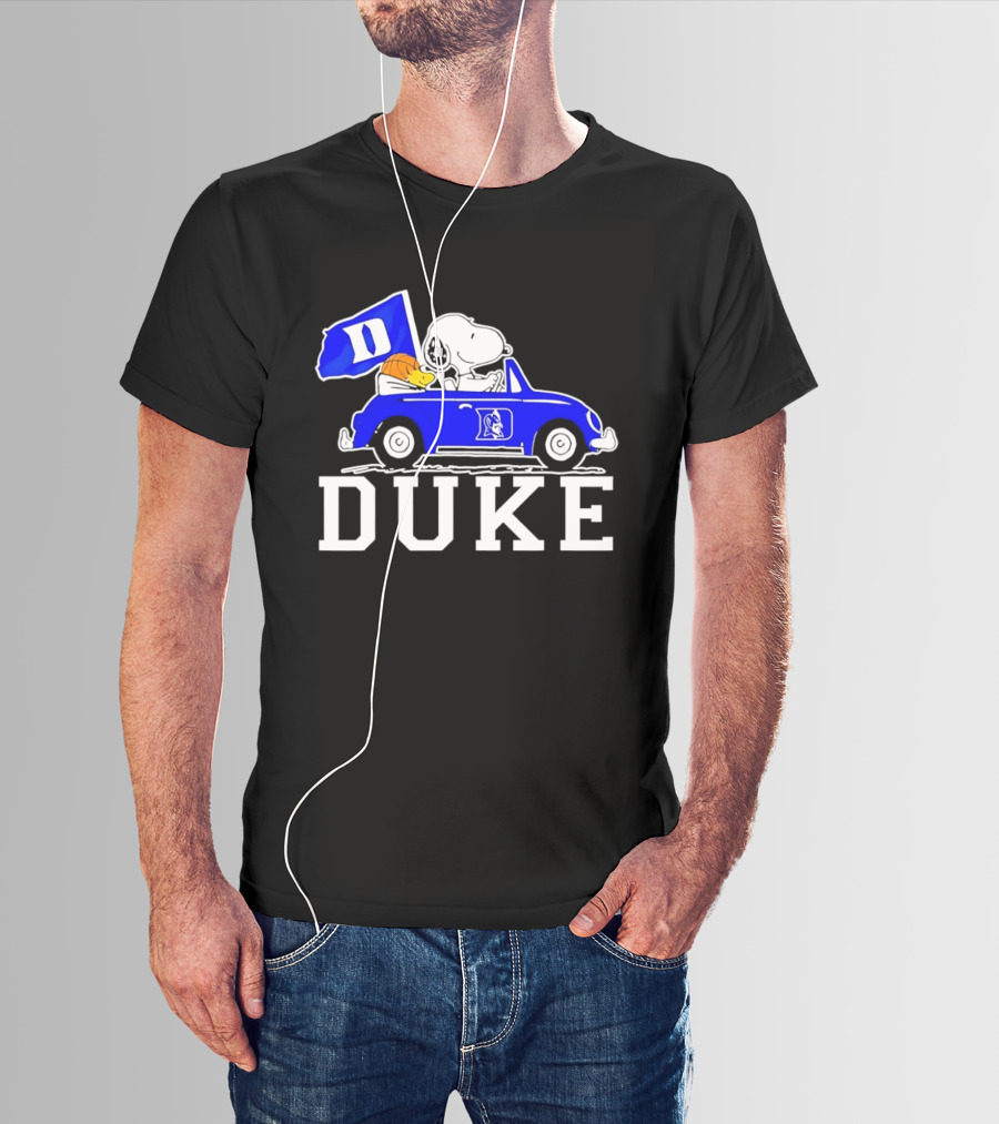 Snoopy And Woodstock Driving Duke Blue Car With Duke Blue Devils Flag T-Shirt