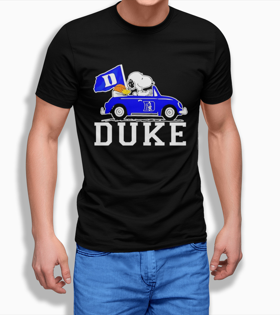 Snoopy And Woodstock Driving Duke Blue Car With Duke Blue Devils Flag T-Shirt