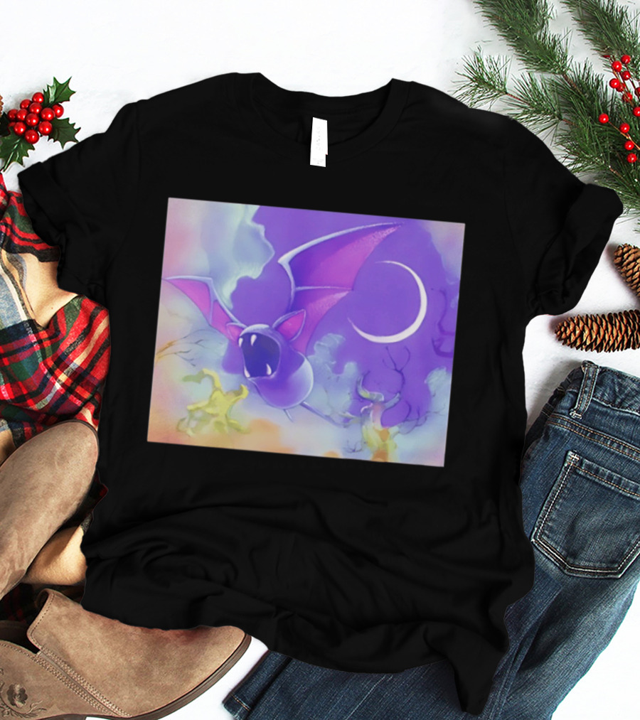 Spooky Bat With Pink Wings Flying Under Crescent Moon Halloween Night Scene T-Shirt