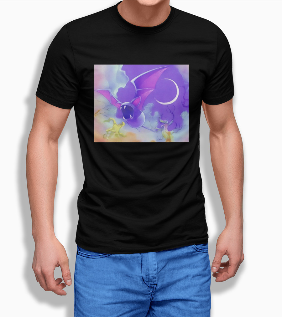 Spooky Bat With Pink Wings Flying Under Crescent Moon Halloween Night Scene T-Shirt
