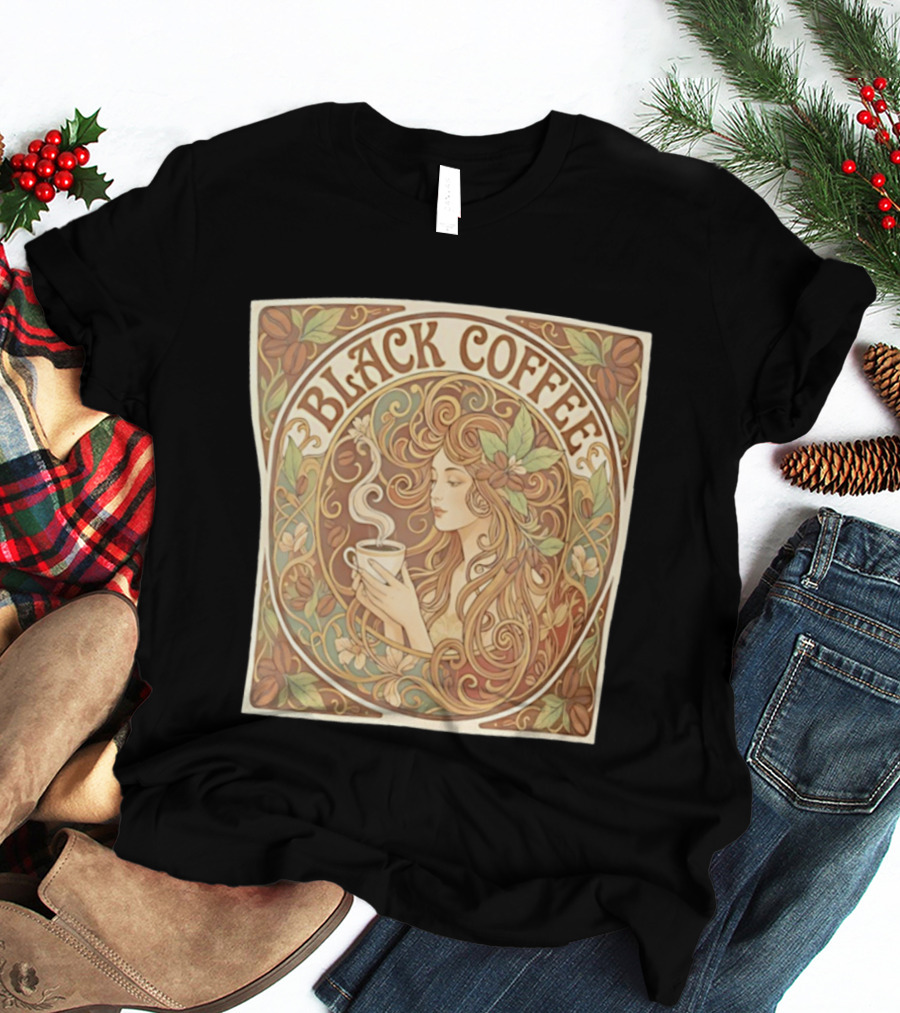 Black Coffee Nouveau Floral Steaming Art Deco T-Shirt