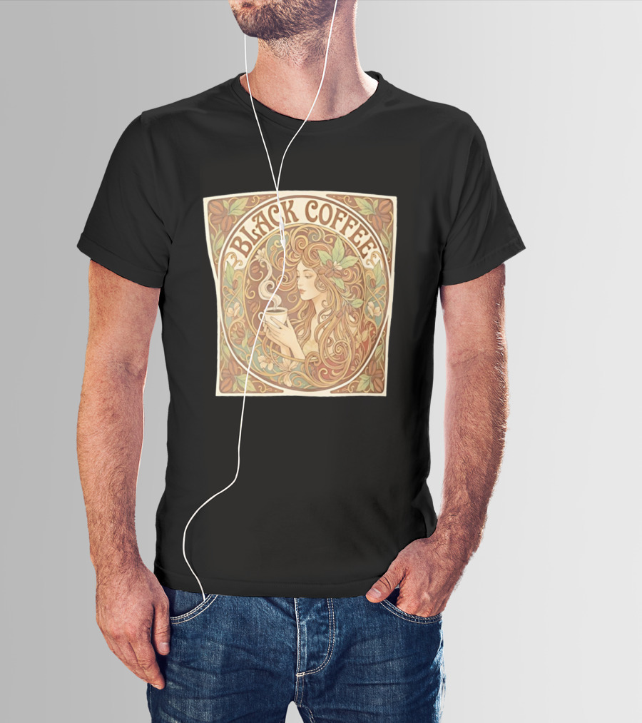 Black Coffee Nouveau Floral Steaming Art Deco T-Shirt