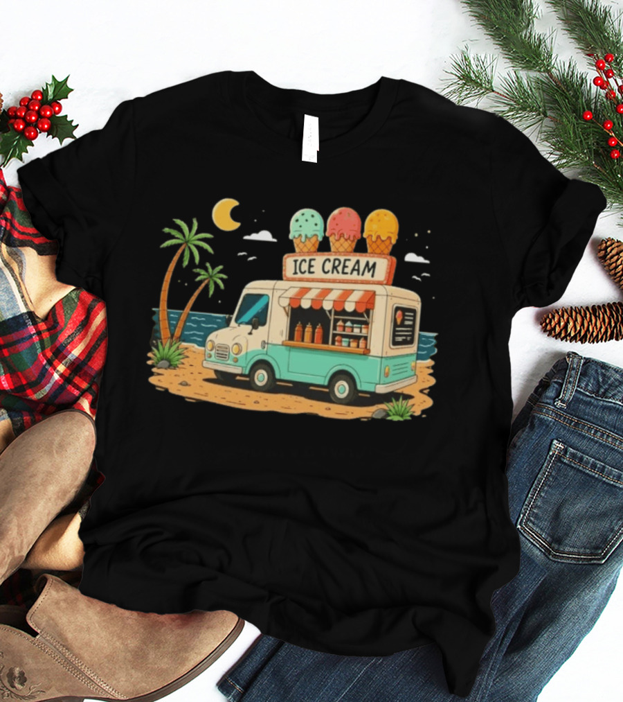 Ice Cream Truck Beach Night Tropical Ocean Summer Waves T-Shirt