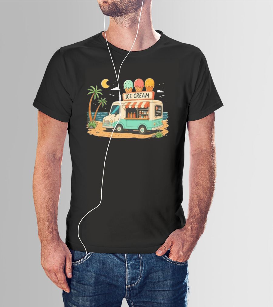 Ice Cream Truck Beach Night Tropical Ocean Summer Waves T-Shirt
