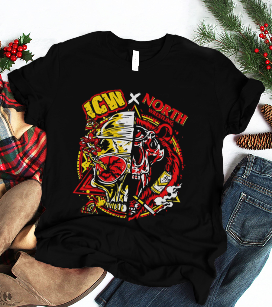 ICW X North Wrestling Split Skull Bear Head Concert Band T-Shirt