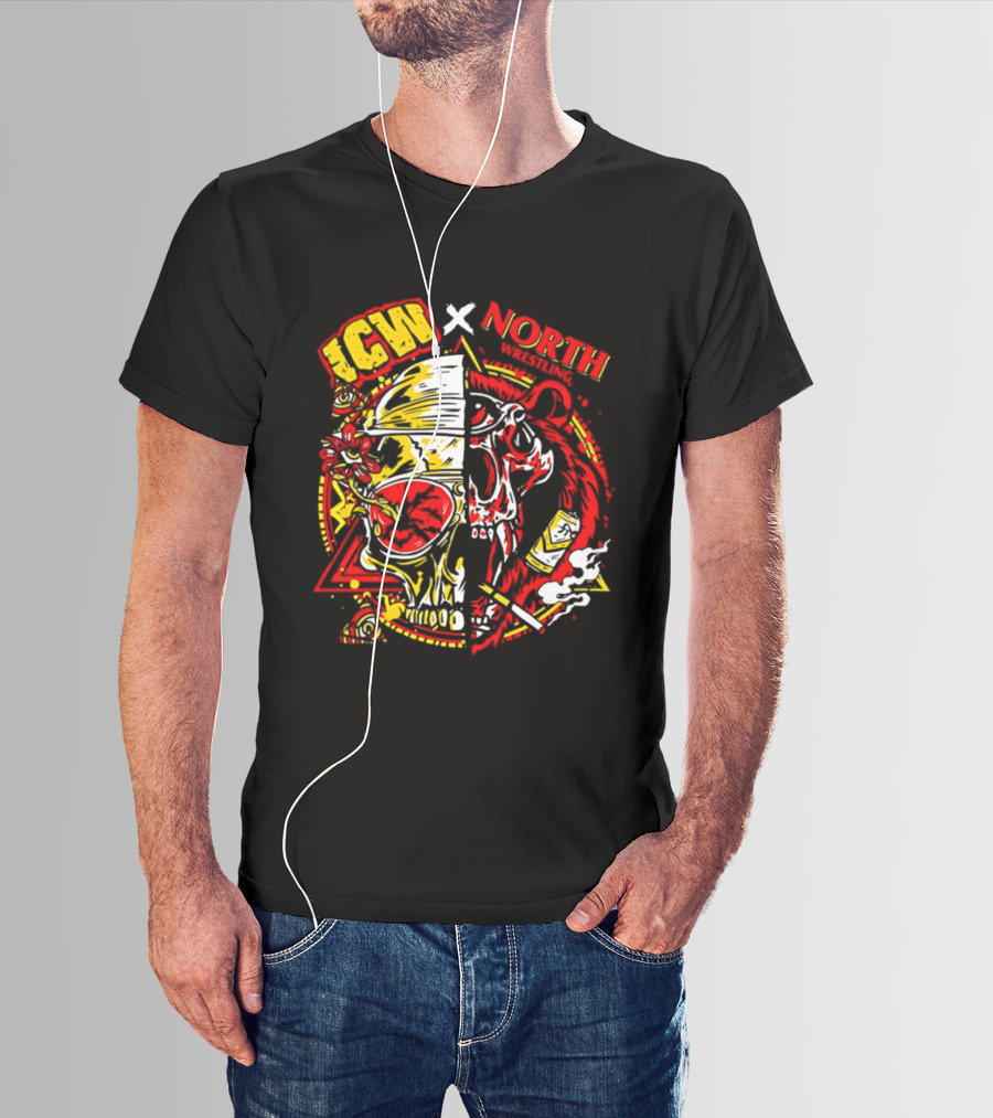 ICW X North Wrestling Split Skull Bear Head Concert Band T-Shirt