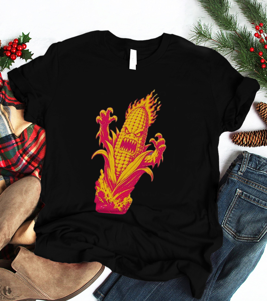 Fiery Mutant Corn Monster Kernels Of Terror Halloween Evil Cob T-Shirt