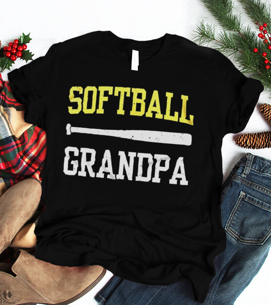 Softball Grandpa Proud Grandfather Game Day Crossed Bats T-Shirt