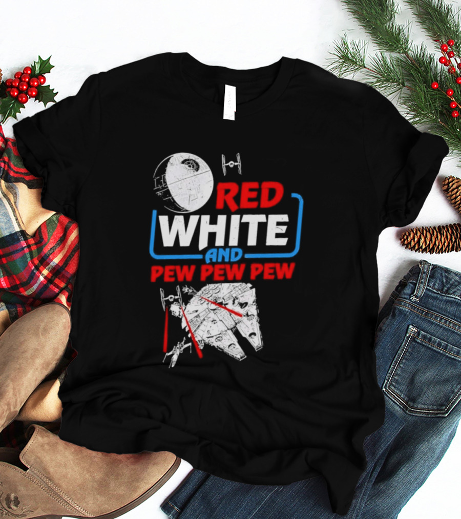 Star Wars Millennium Falcon Red White And Pew Pew Pew Death Star Tie Fighter T-Shirt