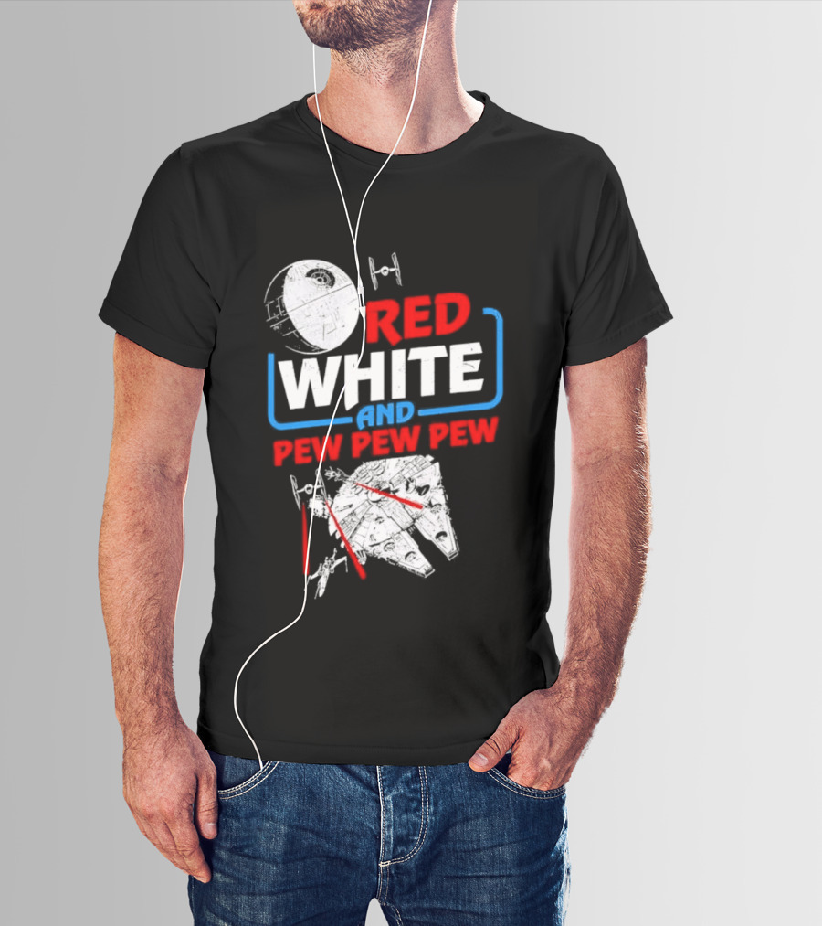 Star Wars Millennium Falcon Red White And Pew Pew Pew Death Star Tie Fighter T-Shirt