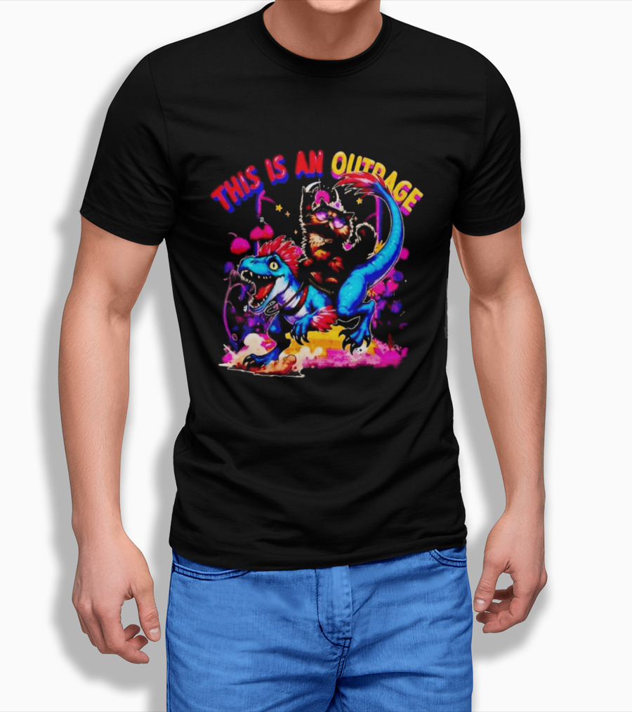This Is An Outrage Cat Riding Blue Raptor Dinosaur Jurassic T-Shirt