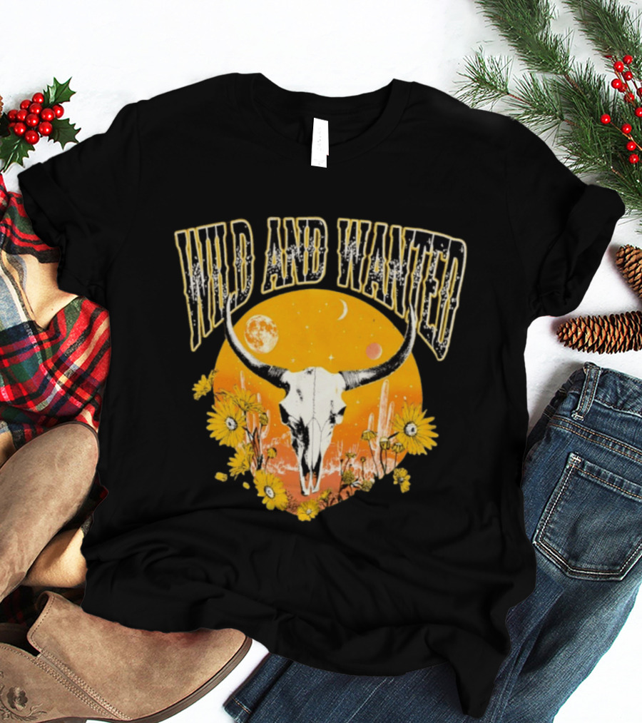 Wild And Wanted Bull Skull Sun Moon Desert Cactus Flowers Western Boho T-Shirt