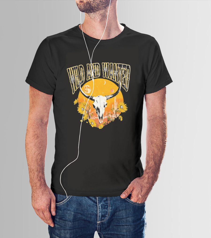 Wild And Wanted Bull Skull Sun Moon Desert Cactus Flowers Western Boho T-Shirt