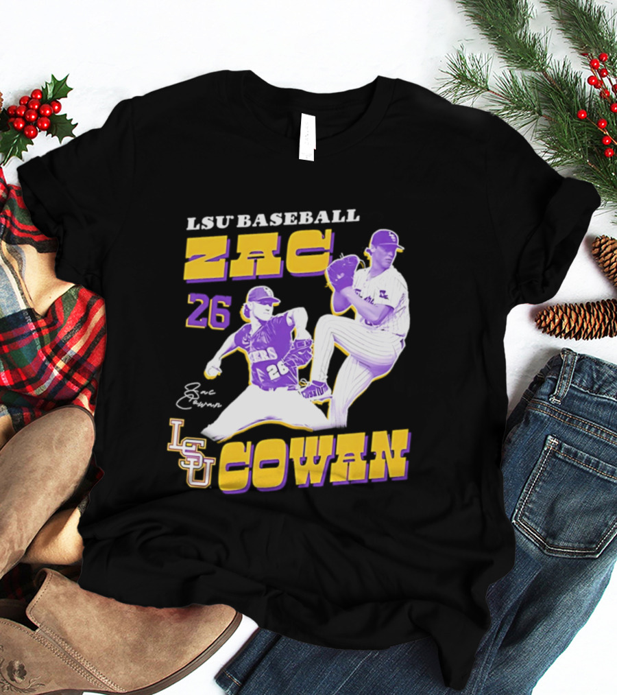 LSU Baseball Zac Cowan 26 Pitching Action Pose T-Shirt