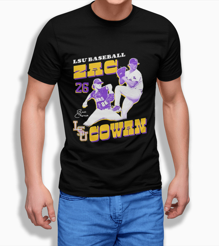 LSU Baseball Zac Cowan 26 Pitching Action Pose T-Shirt