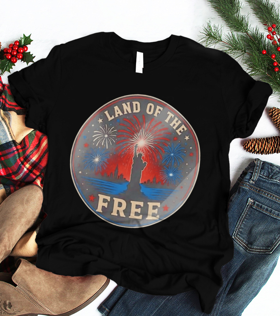 Land Of The Free Statue Of Liberty Fireworks Skyline T-Shirt