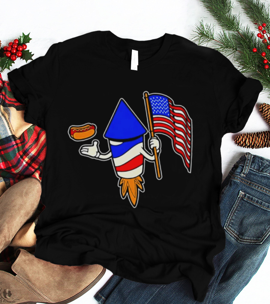 Fireworks Rocket American Flag And Hot Dog Celebration T-Shirt
