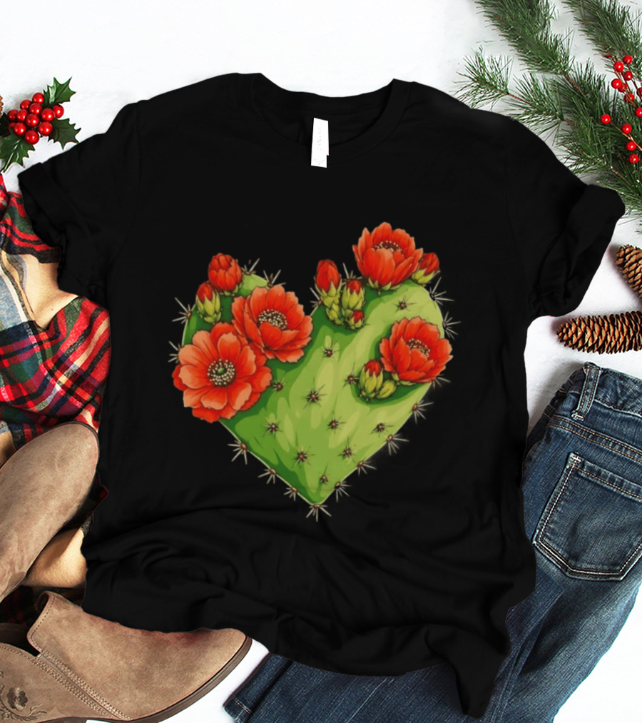 Heart Shaped Cactus With Vibrant Red Flowers T-Shirt
