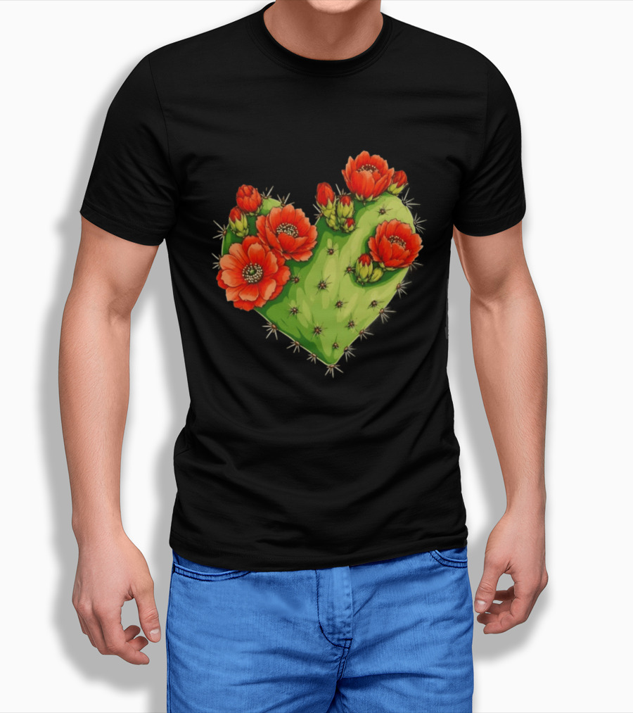 Heart Shaped Cactus With Vibrant Red Flowers T-Shirt