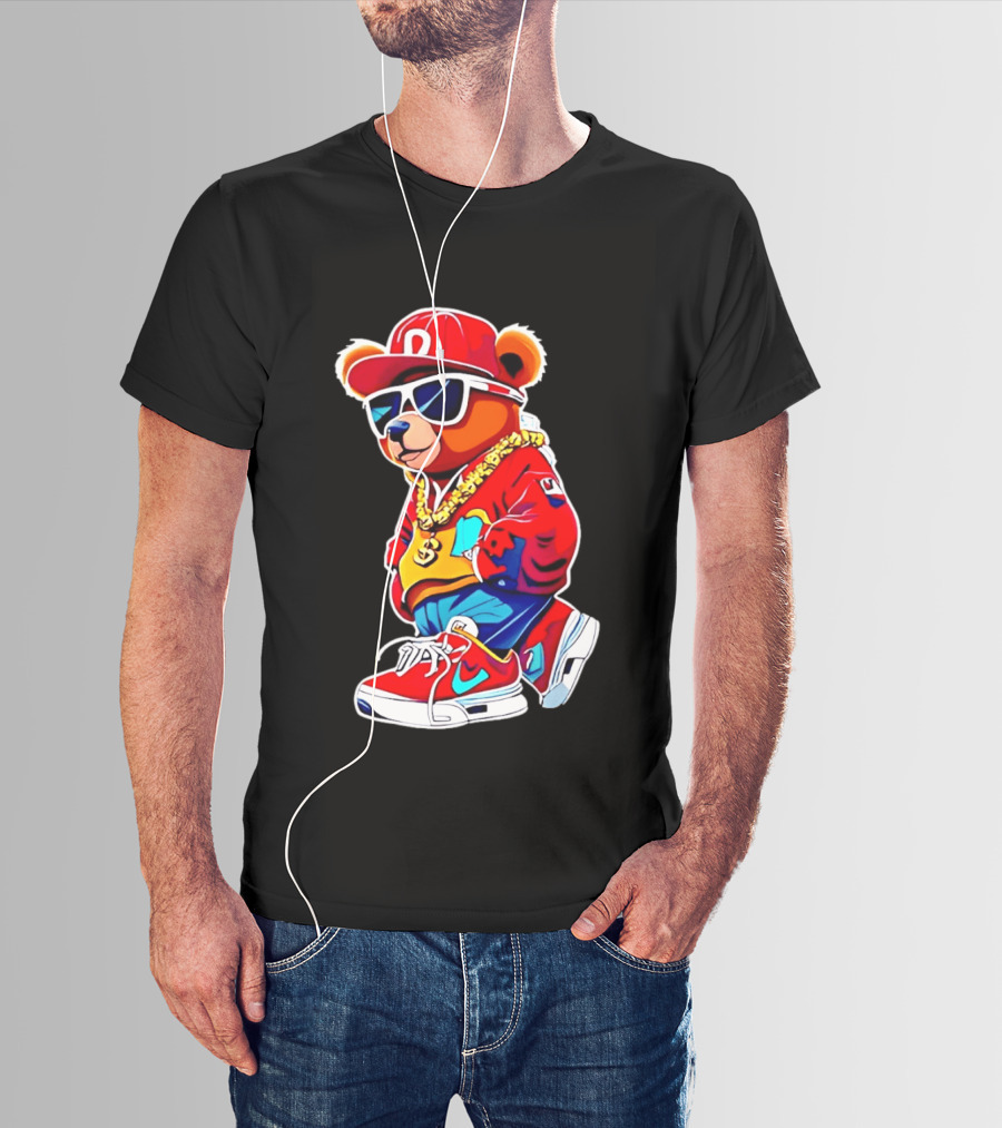 Hip Hop Teddy Bear Swag With Red Cap And Sunglasses T-Shirt