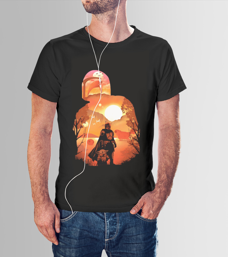 Hunting Companions Bounty Hunter Sunset Mandalorian Grogu Art By Dandingeroz T-Shirt