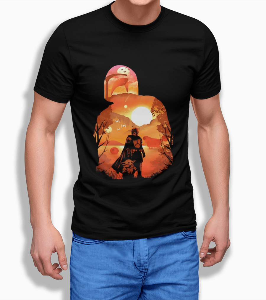 Hunting Companions Bounty Hunter Sunset Mandalorian Grogu Art By Dandingeroz T-Shirt