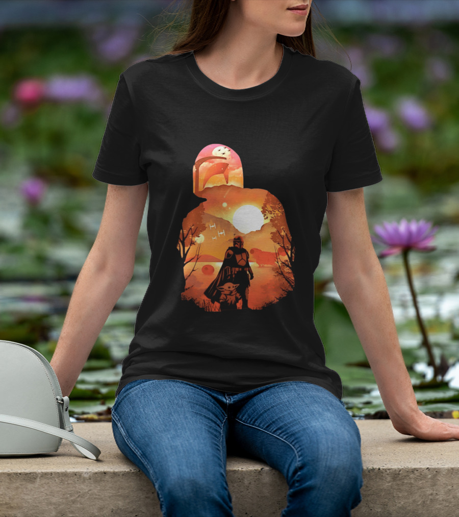 Hunting Companions Bounty Hunter Sunset Mandalorian Grogu Art By Dandingeroz T-Shirt