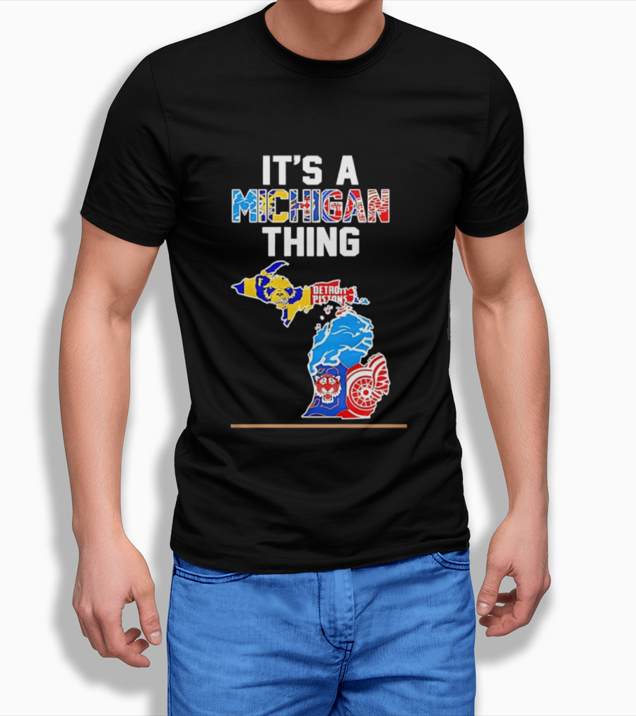It's A Michigan Thing Detroit Pistons Lions Red Wings Sports Map T-Shirt