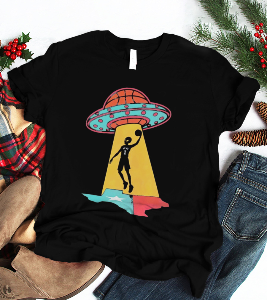 Victor Wembanyama San Antonio Spurs UFO Abduction Texas Flag Basketball T-Shirt