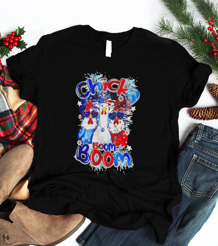 Chicka Boom Boom Patriotic Chickens With Headbands And Peace Signs T-Shirt