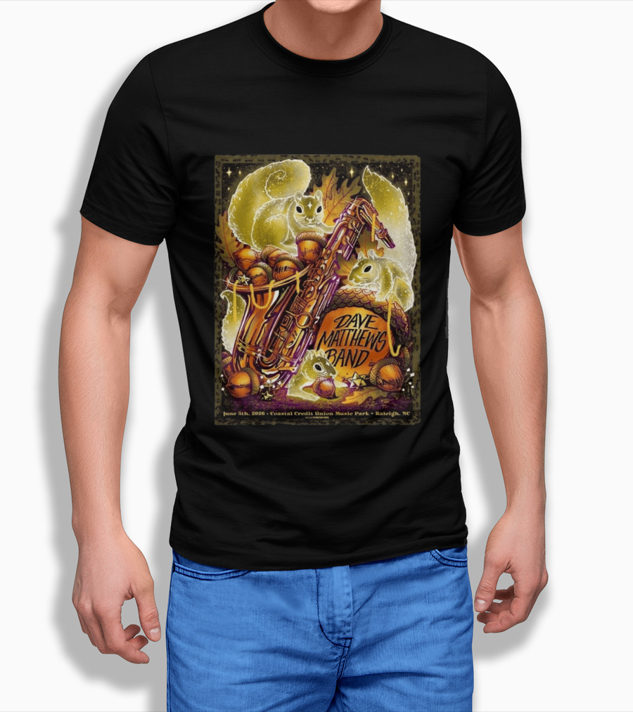 Dave Matthews Band June 5 2026 Coastal Credit Union Music Park Raleigh NC Squirrels Saxophone Acorns T-Shirt