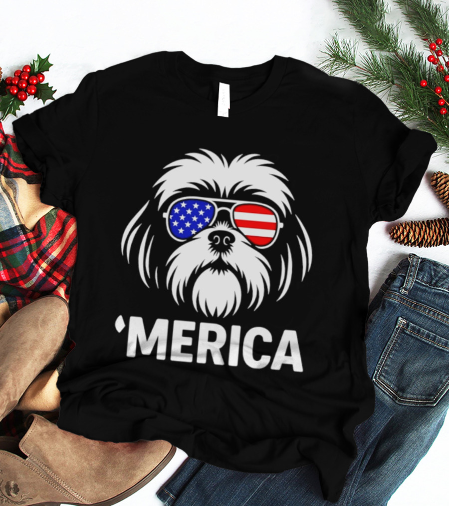 Shih Tzu Dog 'Merica American Flag Sunglasses T-Shirt