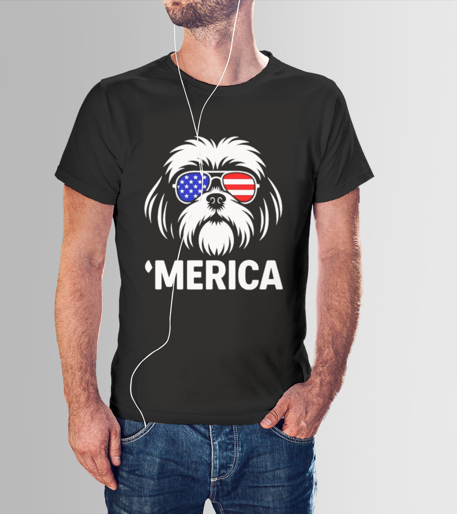 Shih Tzu Dog 'Merica American Flag Sunglasses T-Shirt