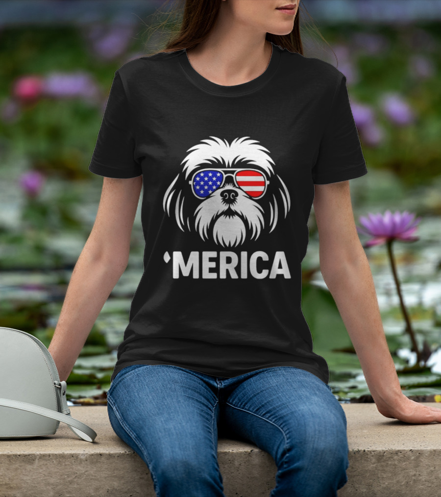 Shih Tzu Dog 'Merica American Flag Sunglasses T-Shirt