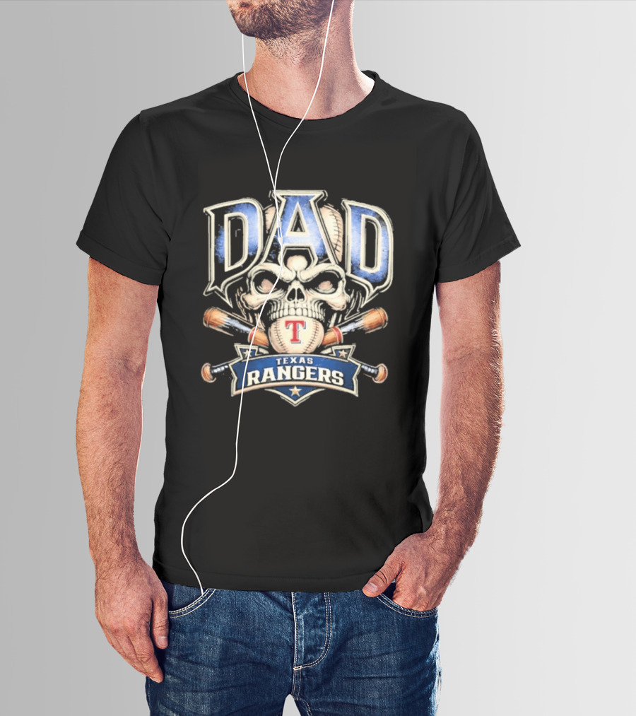 Dad Skull Baseball Crossed Bats Texas Rangers T-Shirt