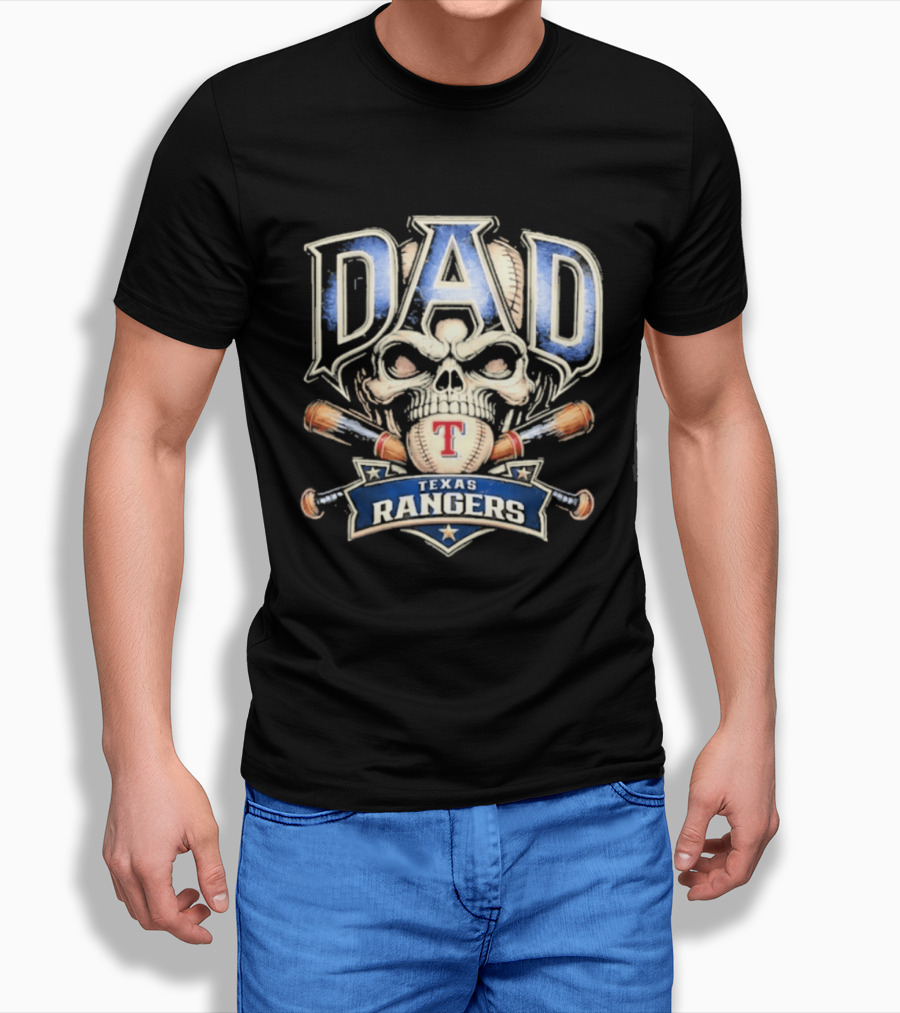 Dad Skull Baseball Crossed Bats Texas Rangers T-Shirt