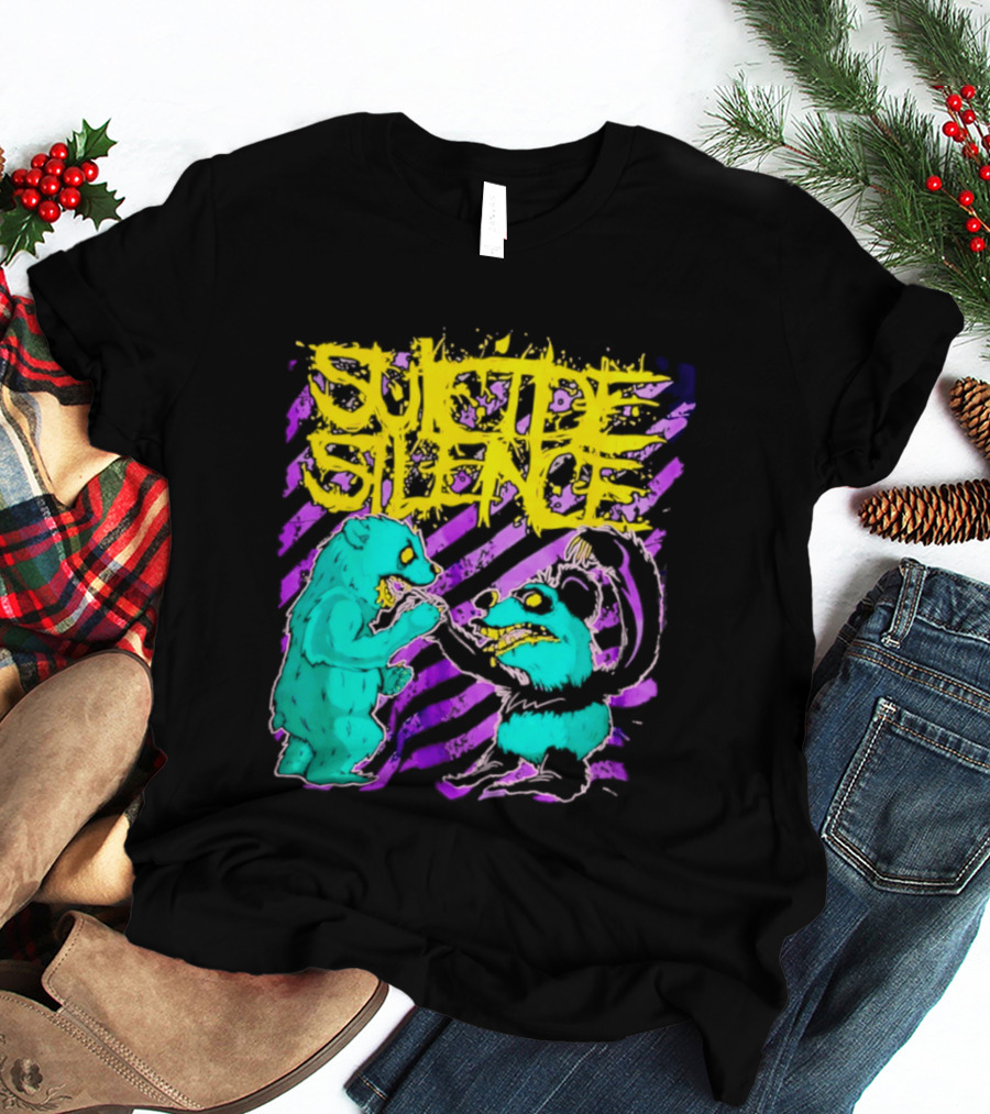 Suicide Silence Bears And Pandas Face Off In Striped Painting T-Shirt