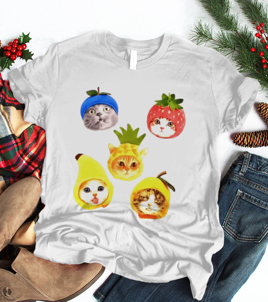 Whimsical Cats In Fruit Hats Blueberry Strawberry Pineapple Banana Apple T-Shirt