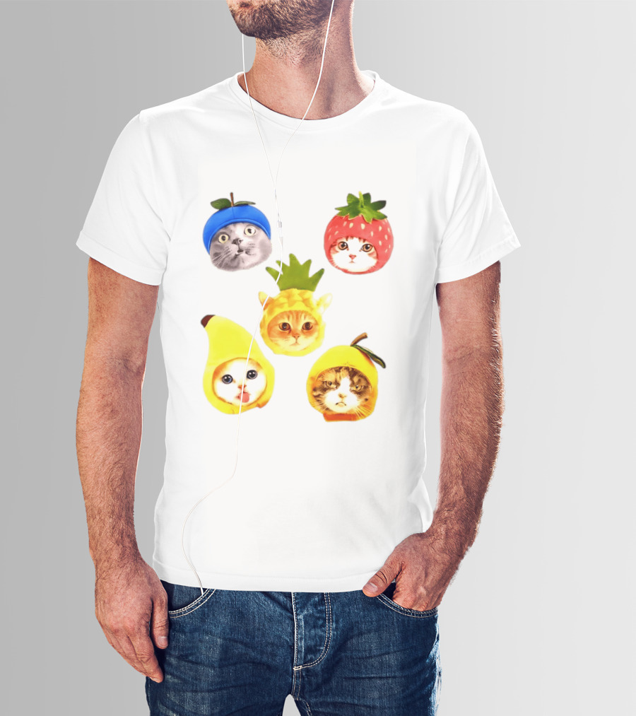 Whimsical Cats In Fruit Hats Blueberry Strawberry Pineapple Banana Apple T-Shirt