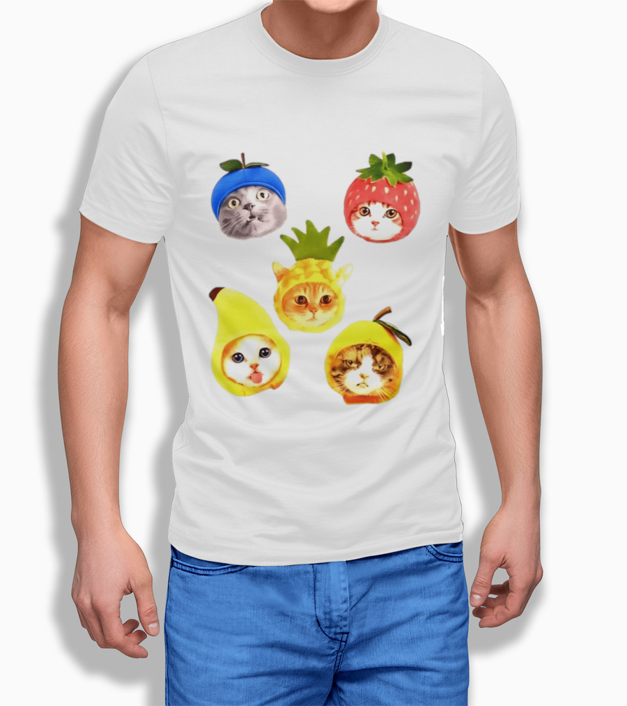 Whimsical Cats In Fruit Hats Blueberry Strawberry Pineapple Banana Apple T-Shirt