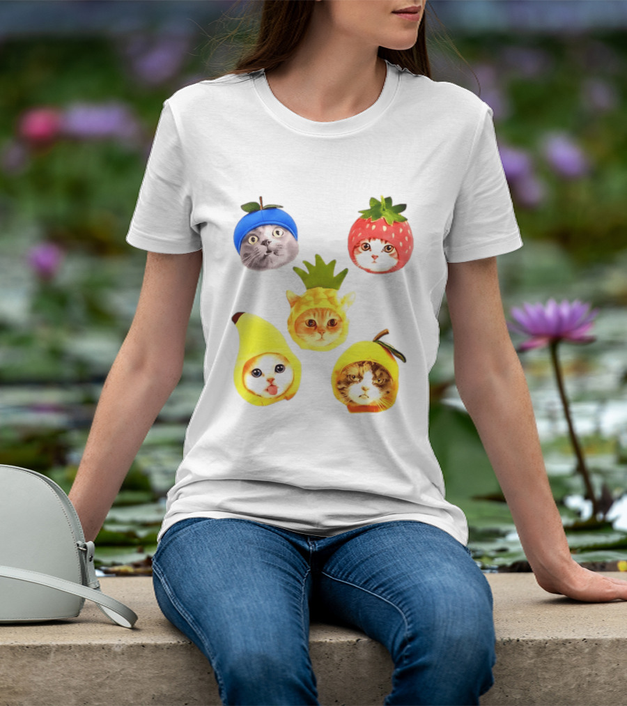 Whimsical Cats In Fruit Hats Blueberry Strawberry Pineapple Banana Apple T-Shirt