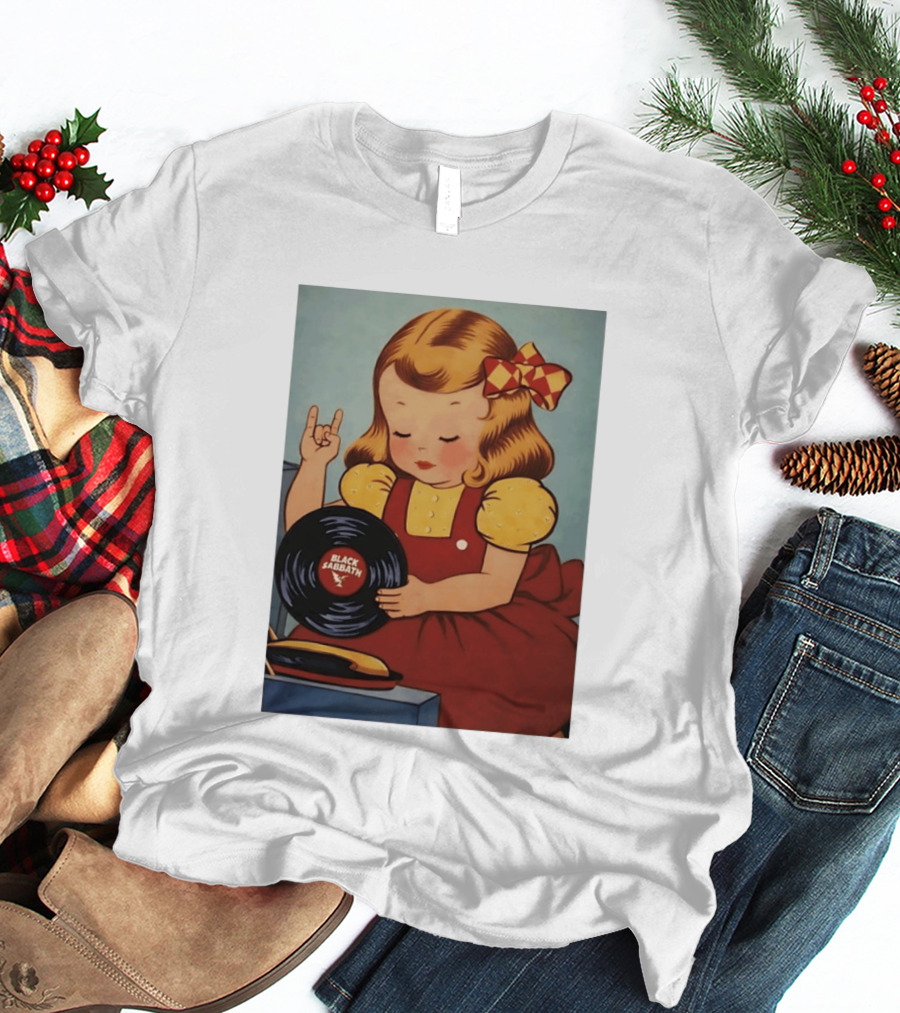 Girl Holding Black Sabbath Vinyl Heavy Metal T-Shirt