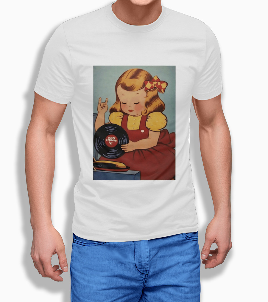 Girl Holding Black Sabbath Vinyl Heavy Metal T-Shirt