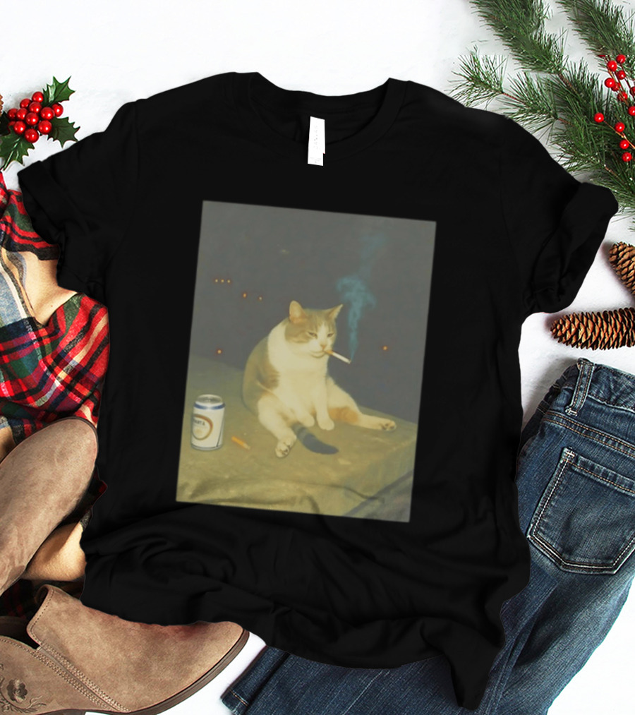 Depressed Cat Smoking Cigarette Meme With Beer Can T-Shirt