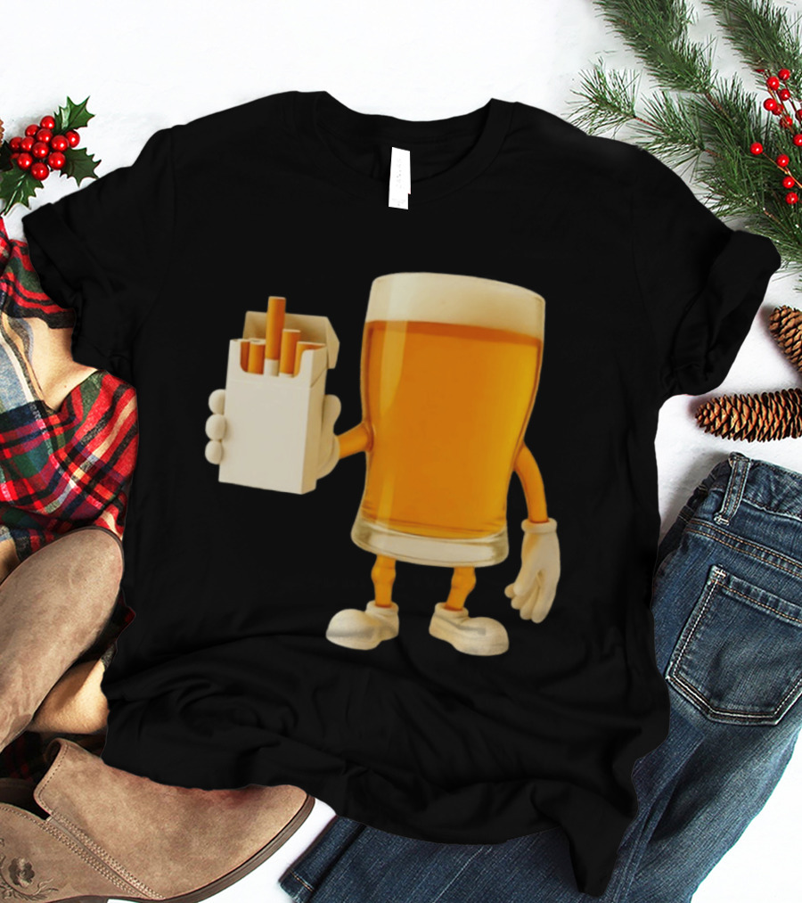 Beer Glass Holding Cigarettes Funny Drunk Cigs T-Shirt