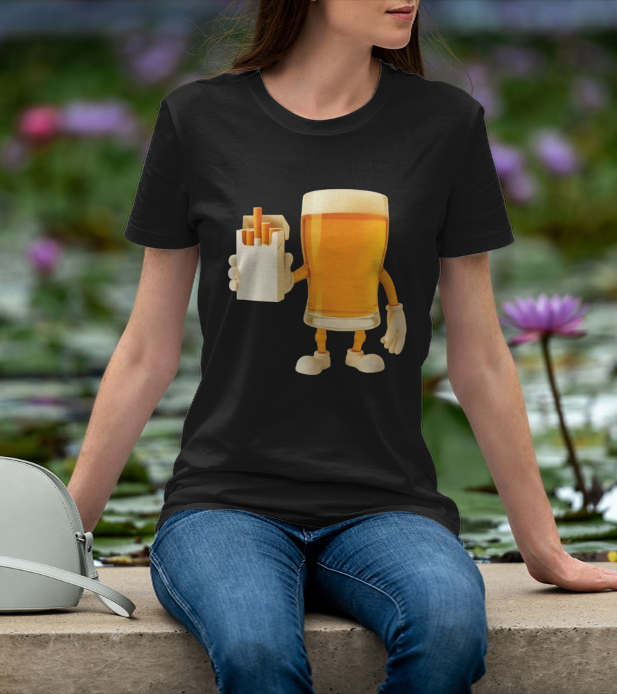 Beer Glass Holding Cigarettes Funny Drunk Cigs T-Shirt