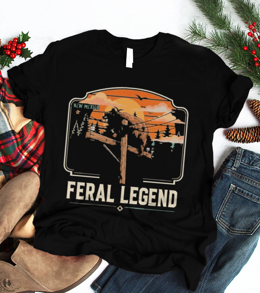 Feral Legend New Mexico Bear Climbs Light Pole Sunset Scene T-Shirt