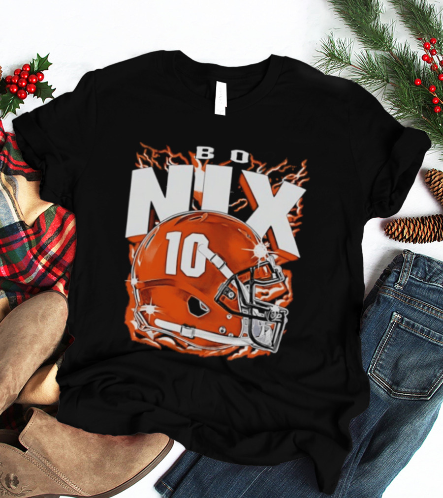 Bo Nix 10 Orange Football Helmet Flames T-Shirt