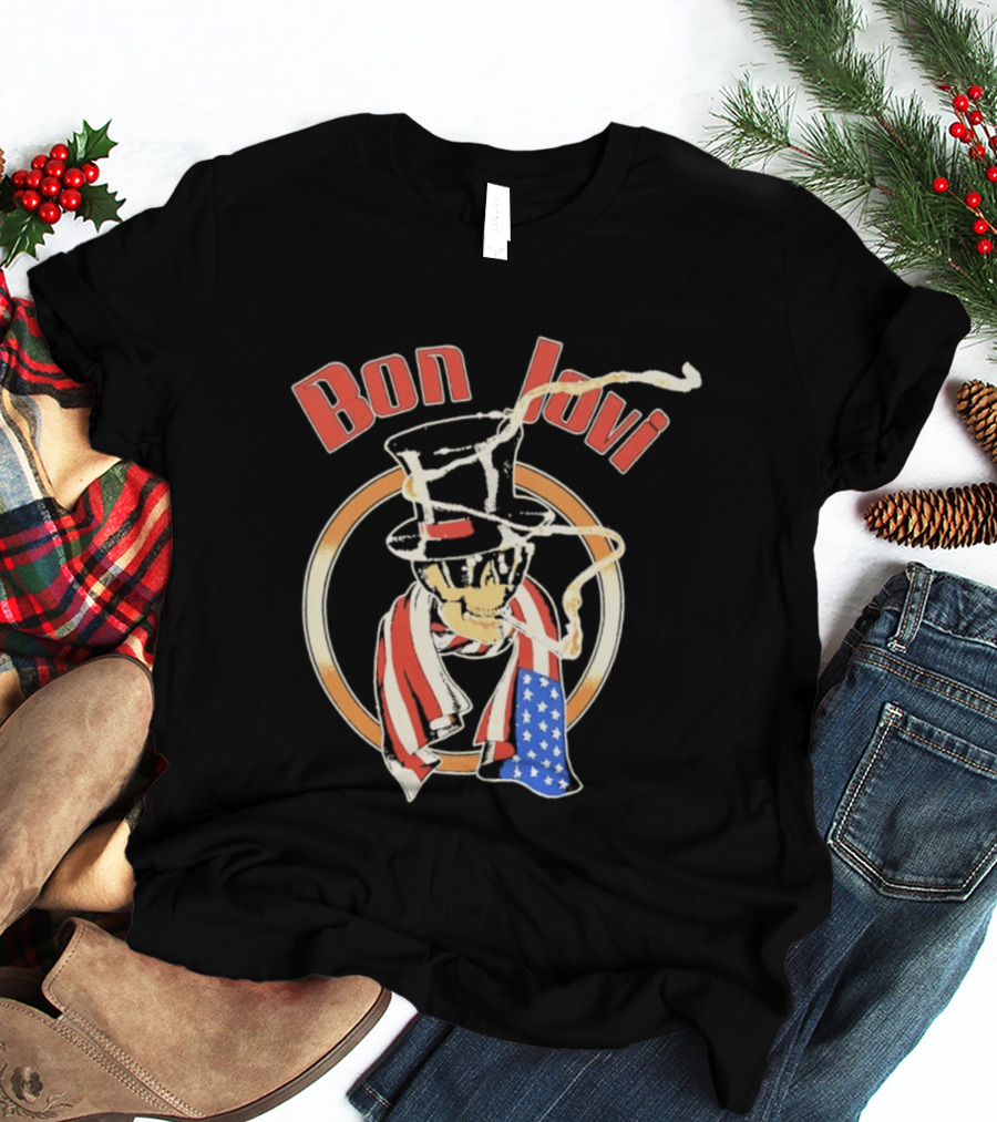 Bon Jovi American Skull With Patriotic Top Hat And Flag Scarf T-Shirt